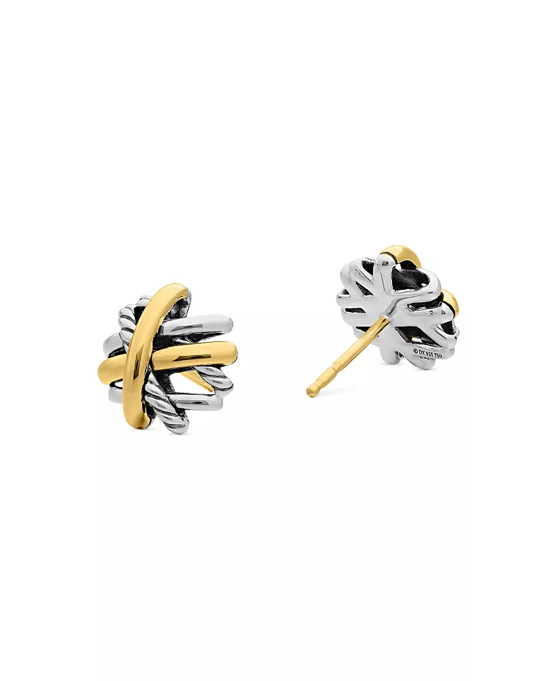 Crossover Stud Earrings in Sterling Silver with 18K Yellow Gold, 11mm