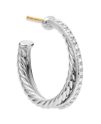 Sterling Silver Crossover Medium Hoop Earrings with Diamonds 
