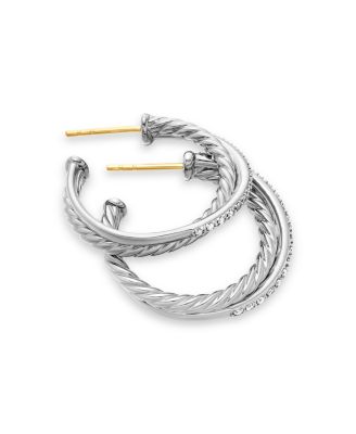 Sterling Silver Crossover Medium Hoop Earrings with Diamonds 