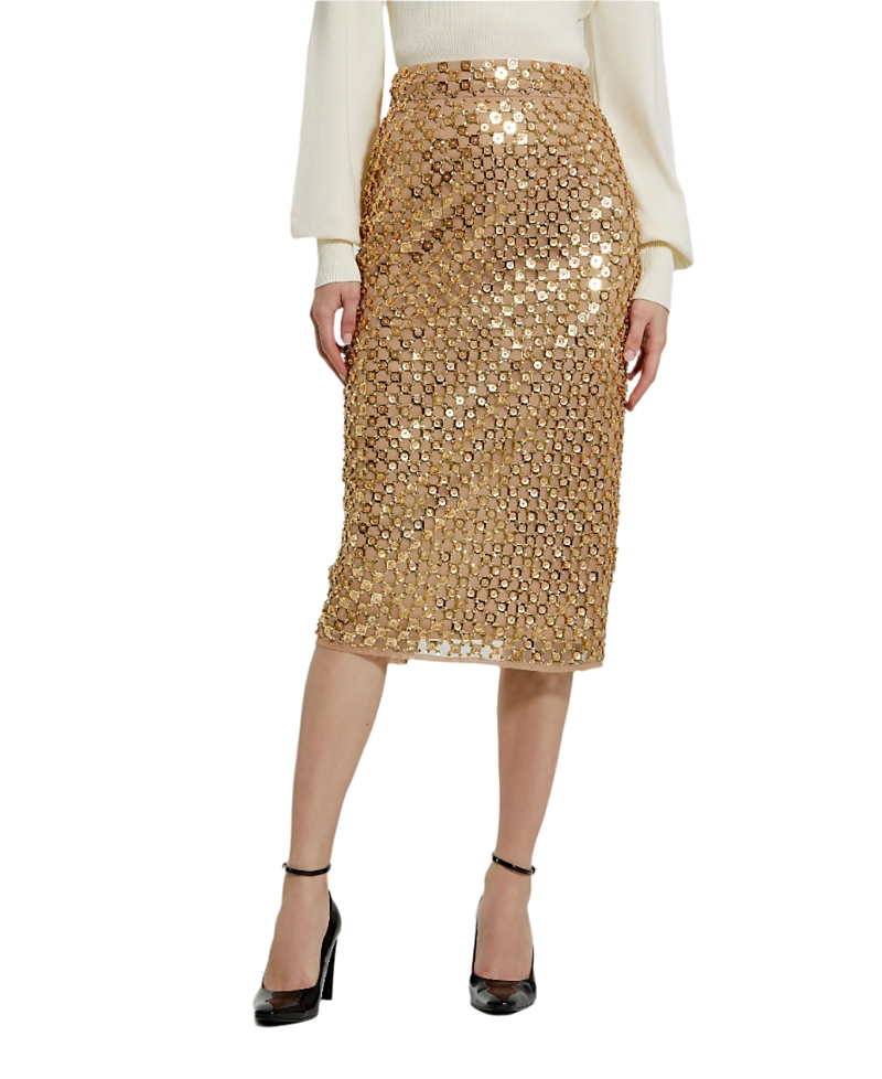 Mac Duggal Sequin Embellished Mesh Fitted Midi Pencil Skirt In Antique Gold