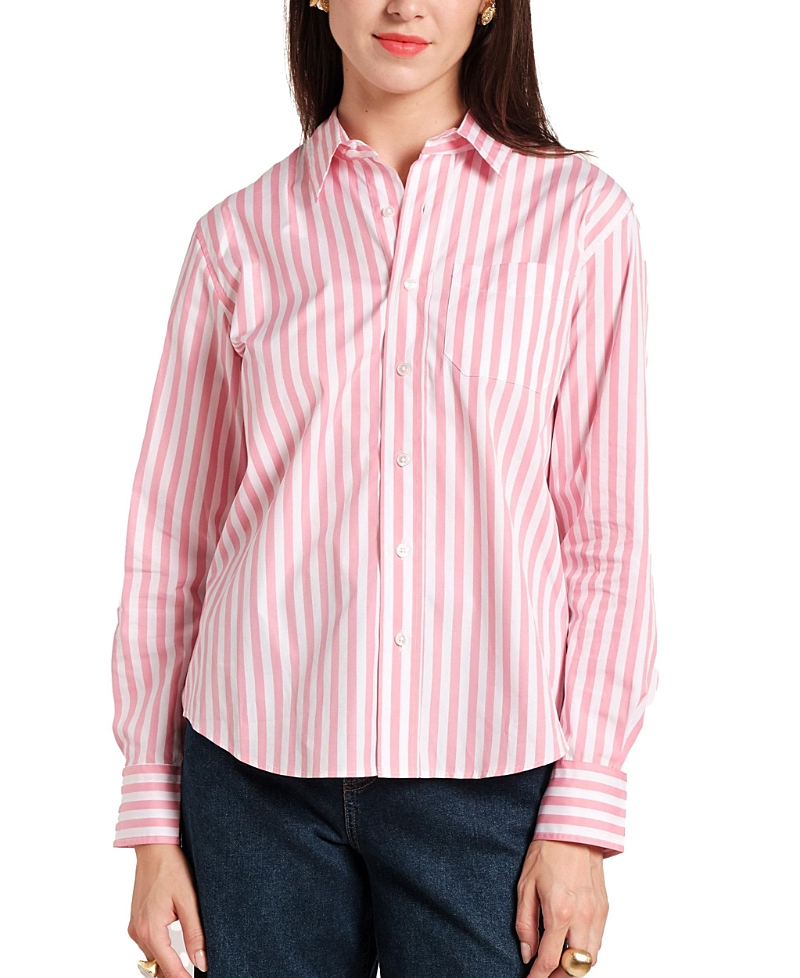 Frances Valentine Perfect Button Down Stripe Cotton Poplin In Pink/white