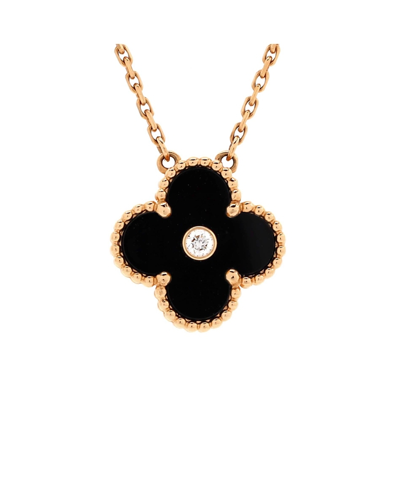 Pre-owned Pre-owned Van Cleef & Arpels Van Cleef & Arpels Vintage Alhambra Pendant Necklace 18k Rose Gold And Onyx With Diamond