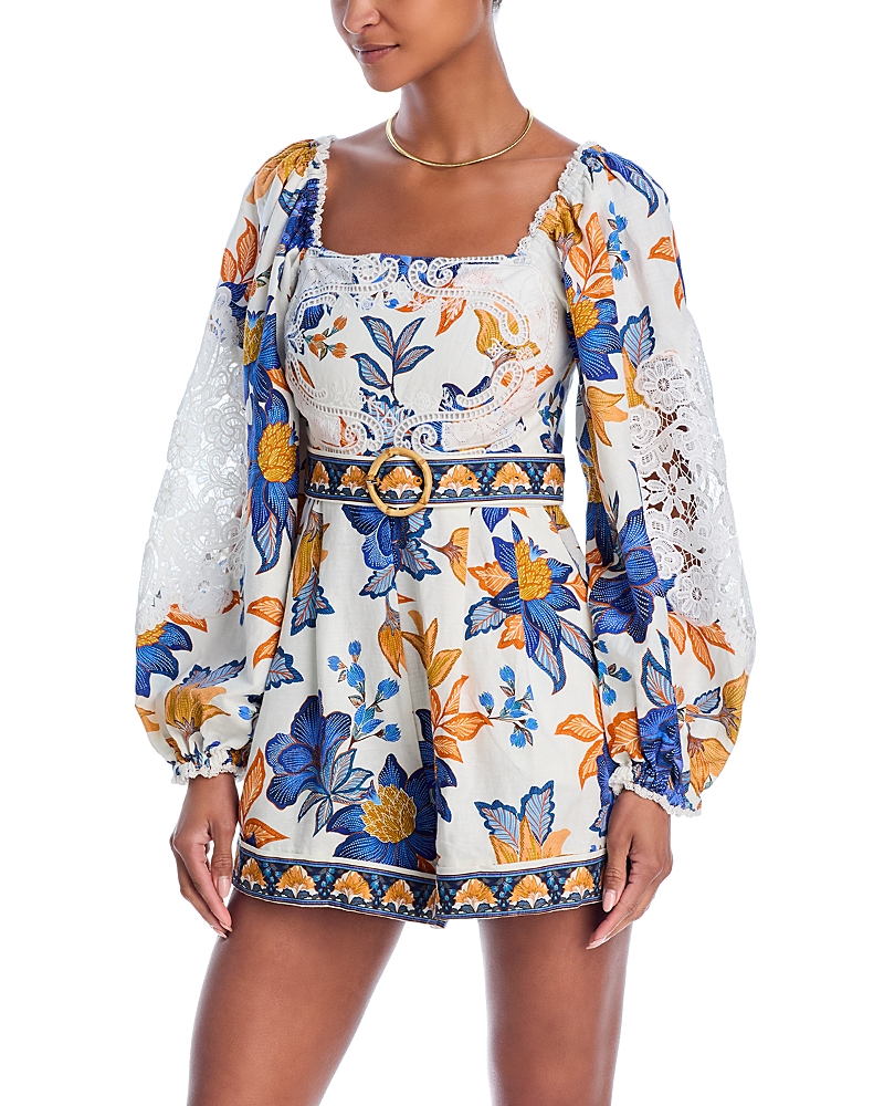 Farm Rio Lace Trim Romper In Summer Flowers Off-white