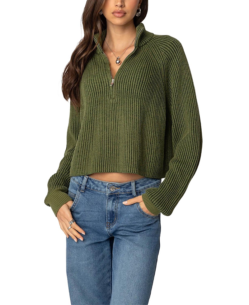 Edikted Cropped Rib Knit Half Zip Sweater