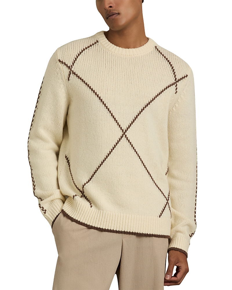 Reiss Parvey Wool & Nylon Argyle Tipped Regular Fit Sweater In White/brown