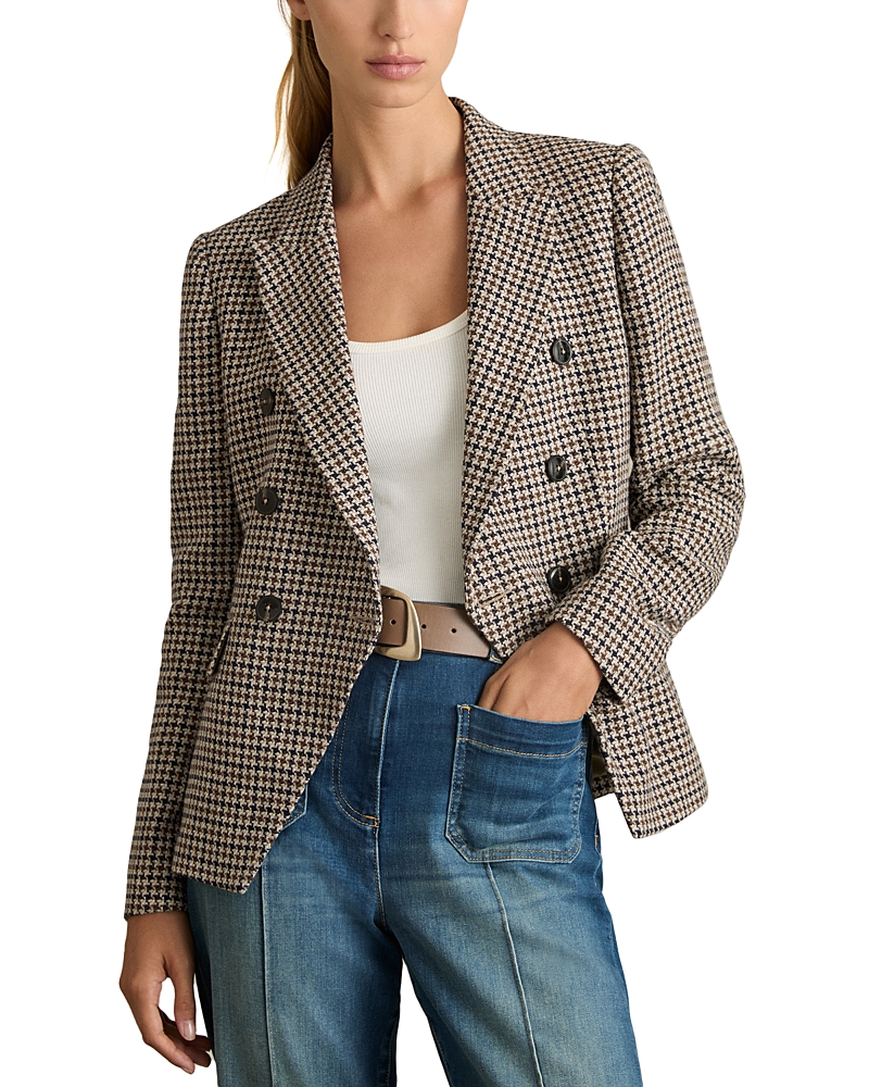 Reiss Evie Double Breasted Textured Check Blazer In Navy Neutral
