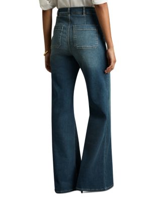 Sakura Patch Pocket High Rise Flare Jeans in Mid Blue