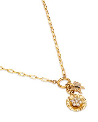 Diamond Flower & Butterfly Charm Necklace in 14K Yellow Gold, 0.65 tcw