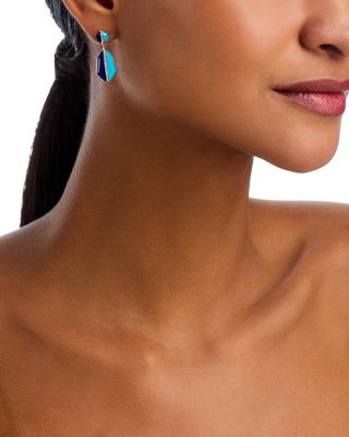 Lapis Lazuli, Turquoise & Diamond Geometric Drop Earrings in 14K Yellow Gold