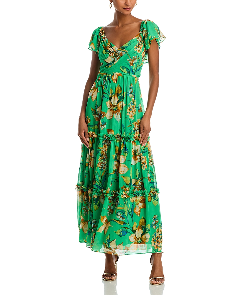 AQUA FLORAL CHIFFON FLUTTER SLEEVE MAXI DRESS - EXCLUSIVE