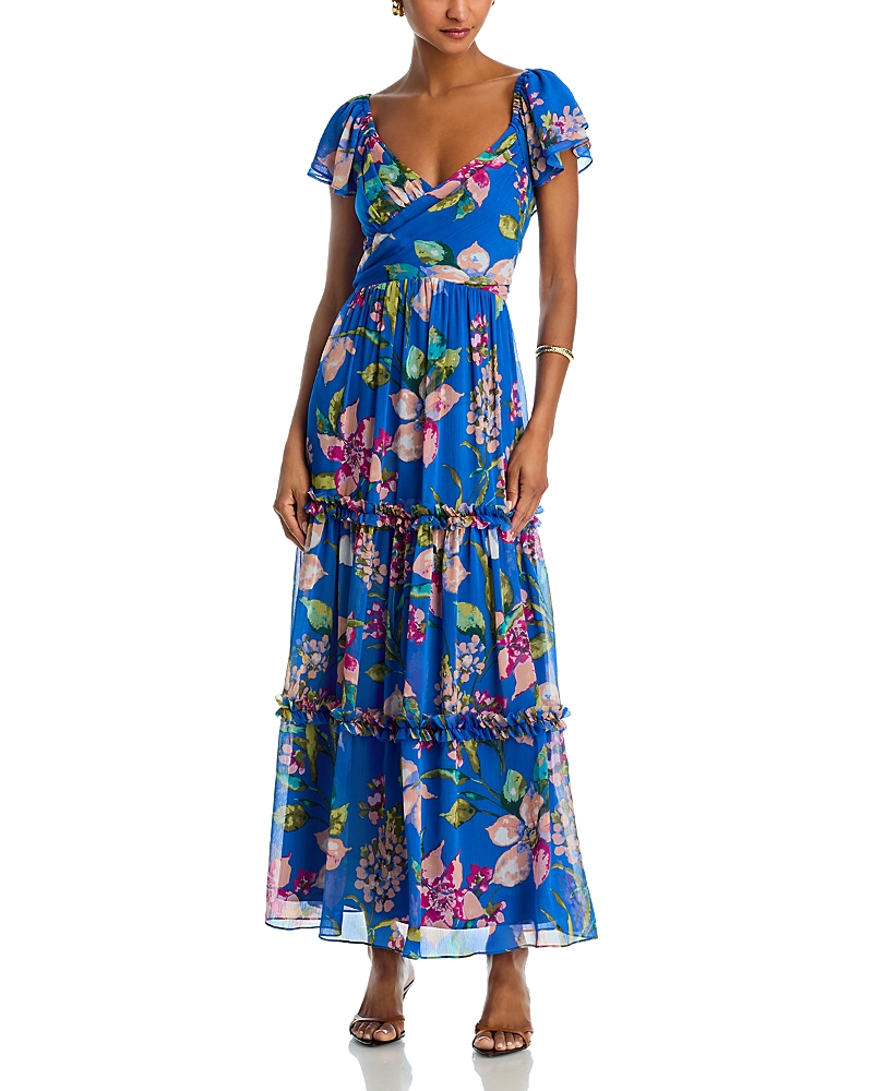 AQUA FLORAL CHIFFON FLUTTER SLEEVE MAXI DRESS - EXCLUSIVE