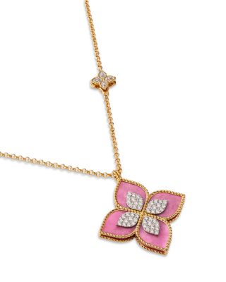 18K White & Yellow Gold Venetian Princess Pink Rhodonite & Diamond Flower Pendant Necklace, 33"