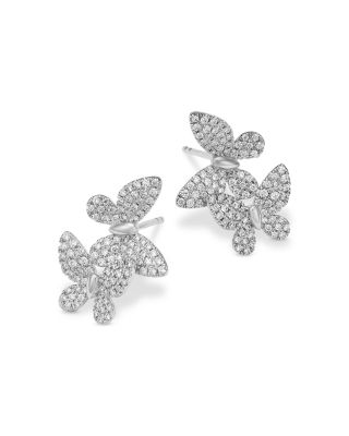 Diamond Butterfly Cluster Earrings in 14K White Gold, 0.90 tcw