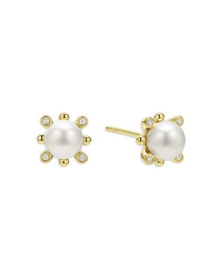 LAGOS - 18K Yellow Gold Luna Cultured Pearl & Diamond Fleur Stud Earrings