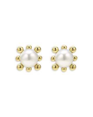 18K Yellow Gold Luna Cultured Pearl Fleur Stud Earrings