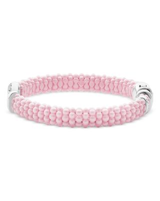 Sterling Silver Pink Caviar Diamond Circle Ceramic Bead Bracelet