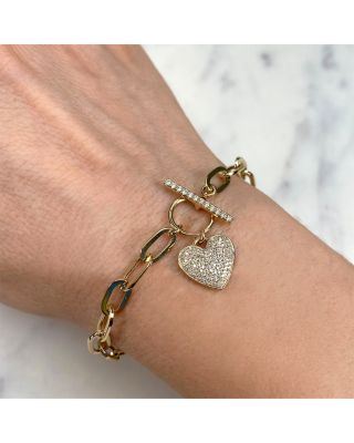 14K Gold Colette Diamond Heart Charm Paperclip Link Bracelet
