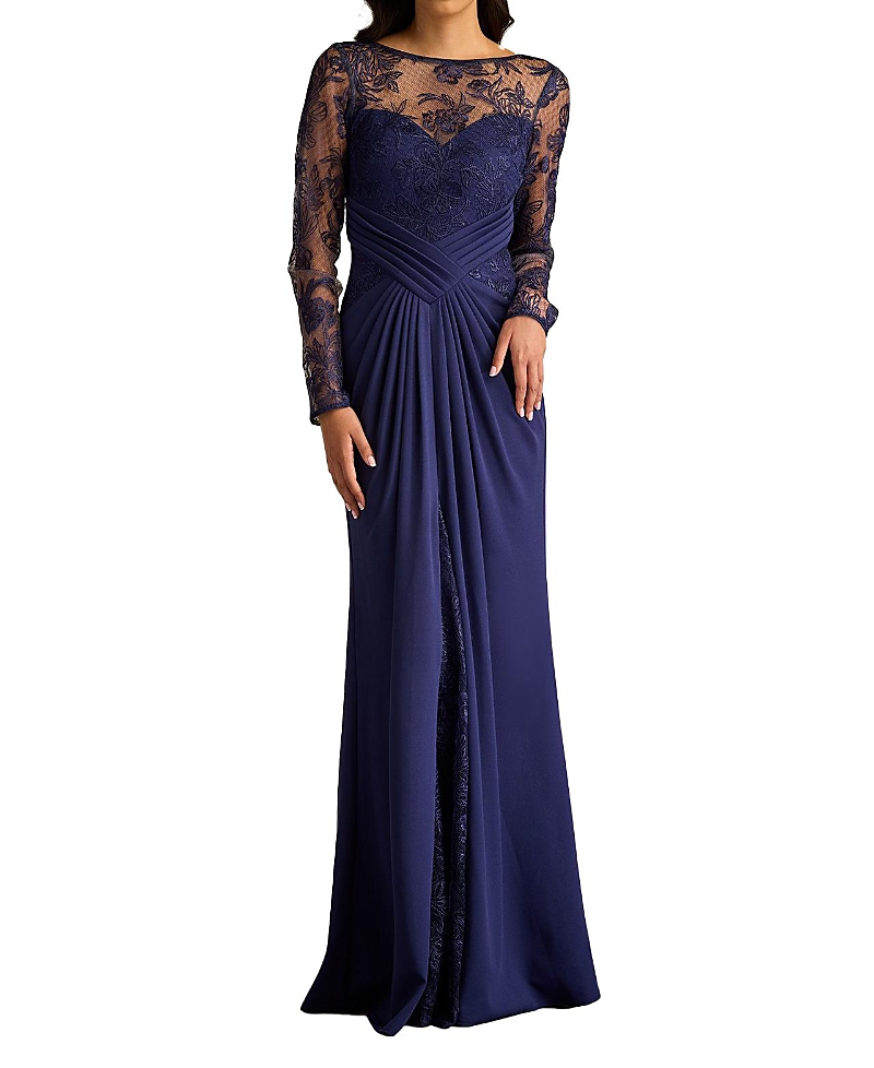 Tadashi Shoji Crepe And Re-embroidered Lace Gown In Blue