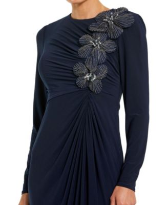 Jersey Long Sleeve Fitted Gown with 3D Flowers