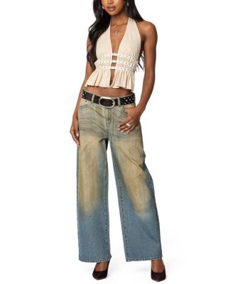 Studded Split Front Backless Halter Top