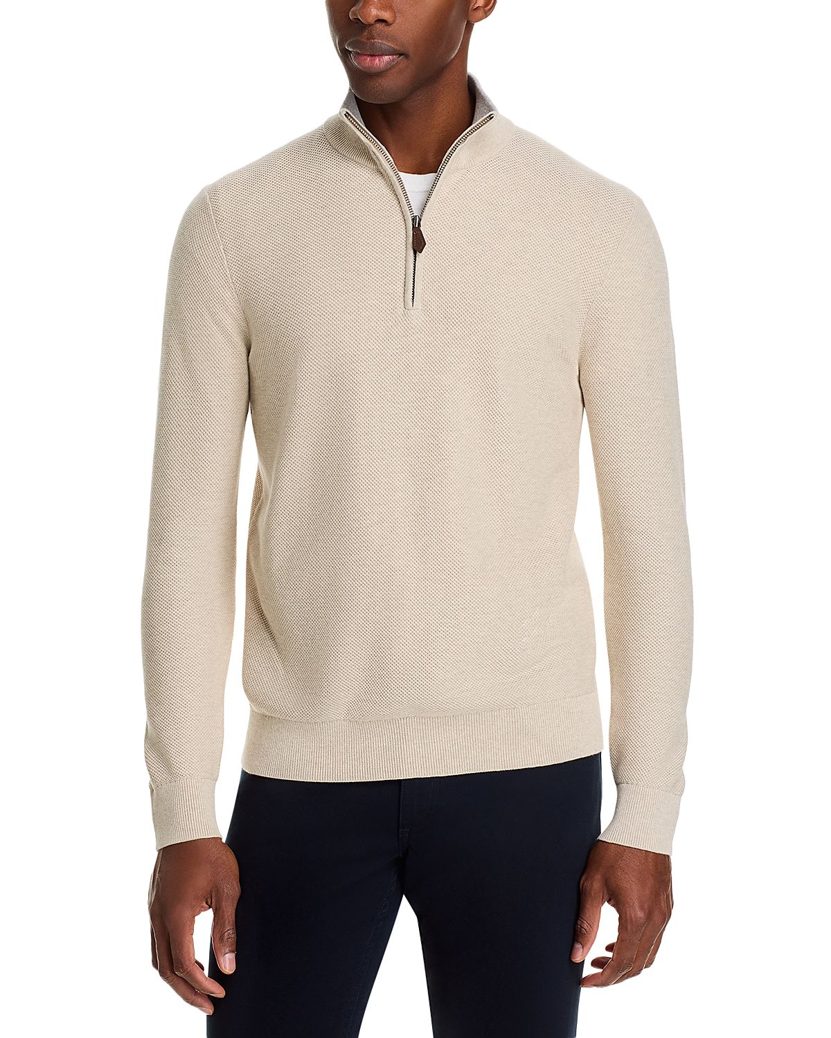 The Men's Store at Bloomingdale's Cotton Tipped Textured Birdseye Half Zip Sweater - Exclusive