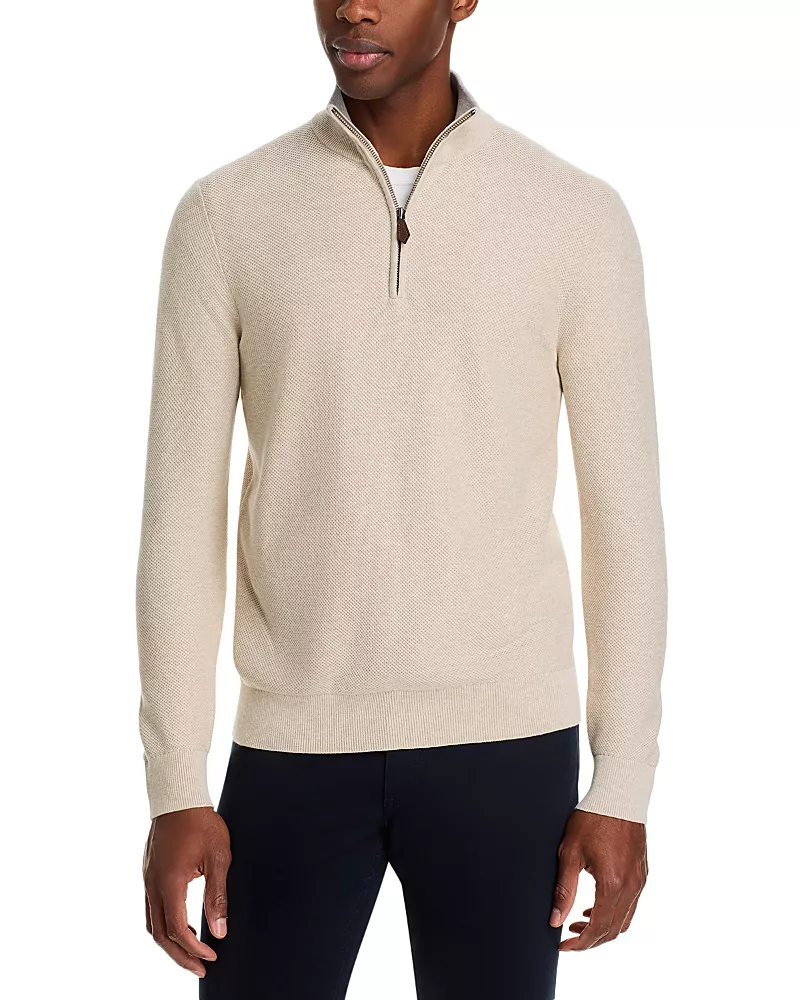 The Men's Store at Bloomingdale's Cotton Tipped Textured Birdseye Half Zip Sweater - Exclusive