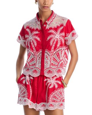 FARM Rio - Red Palm Trees Embroidered Cotton Shirt