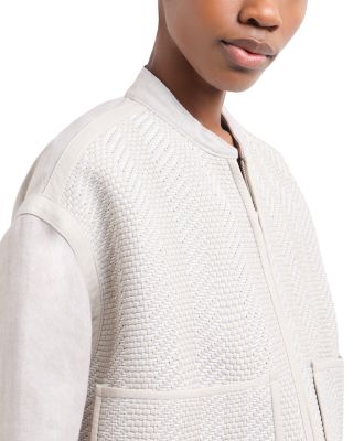 Woven Nappa Leather & Linen Bomber Jacket with Oversize Front Pockets