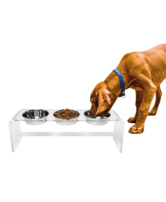 Tall Clear Triple Dog Bowl Feeder with 2 Quart Silver Bowls
