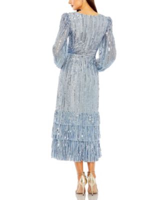 Long Sleeve Deep V Tiered Ruffle Sequin Dress