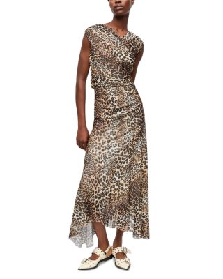 GANNI - Leopard Printed Mesh Long Ruched Crossover Dress