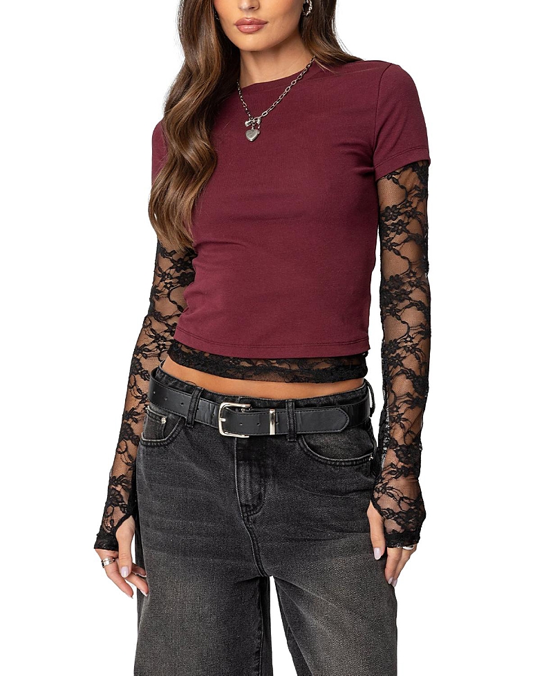 Shop Edikted Layered Lace Sleeve T Shirt In Burgundy
