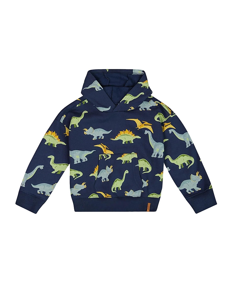 Deux Par Deux Unisex Printed Dino Fleece Hooded Sweatshirt Navy In Dress Blue