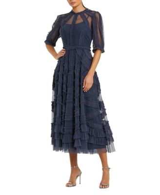 Mac Duggal High Neck Puff Sleeve Ruffle Tiered Dress In Midnight