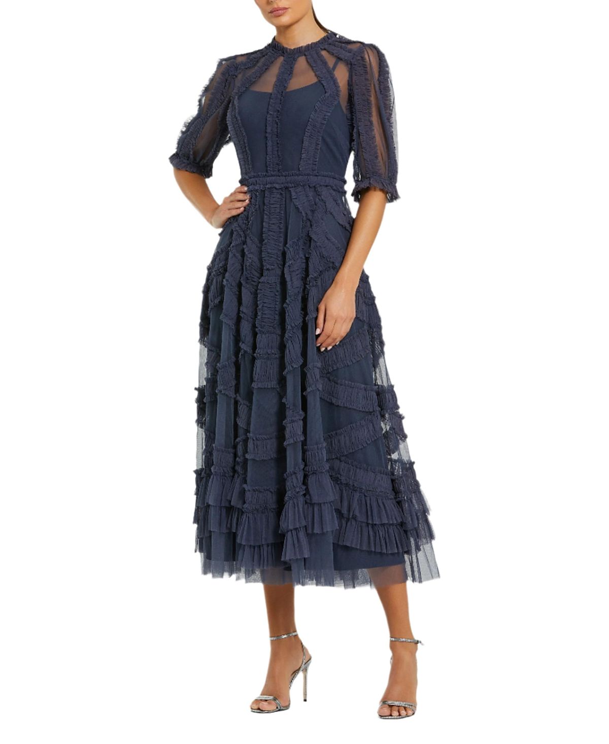 Mac Duggal High Neck Puff Sleeve Ruffle Tiered Dress