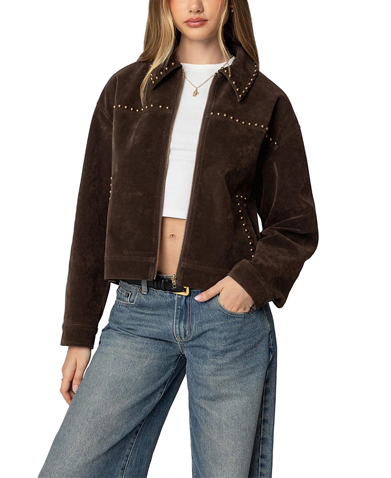 Edikted Memphis Studded Faux Suede Jacket In Brown