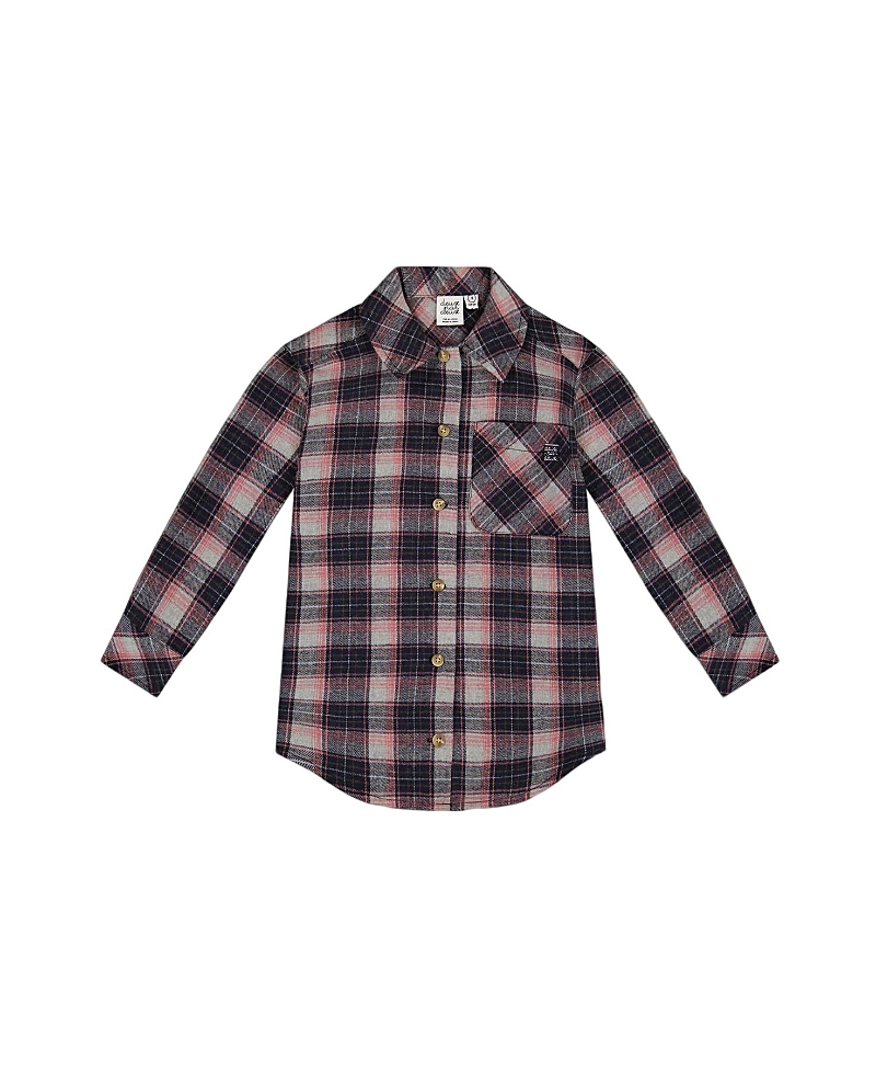 Deux Par Deux Girl's Long Sleeve Button Front Tunic Flannel Shirt Plaid Navy And Pink In Plaid Outdoor
