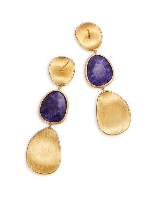 18K Yellow Gold Lunaria Color Charoite and Textured Link Drop Earrings
