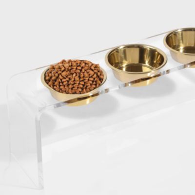 Tall Clear Triple Dog Bowl Feeder with 2 Quart Gold Bowls