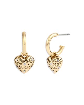 COACH - Signature Pav&eacute; Quilted Heart Charm Huggie Hoop Earrings