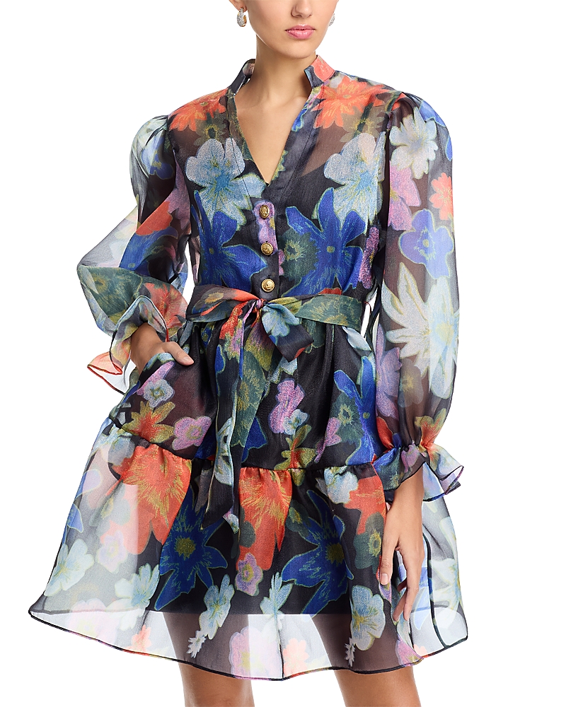 Nancy Yang Organza V Neck Tiered Dress