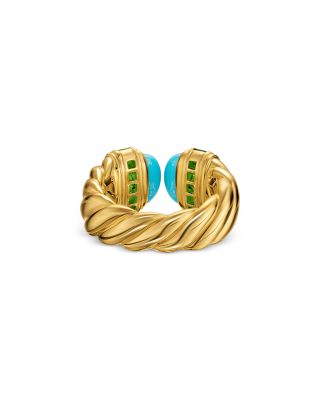 Sculpted Cable Open Cocktail Ring in 18K Yellow Gold with Turquoise and Tsavorites, 12.4mm