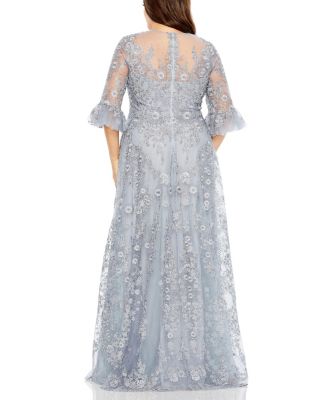  Plus High Neck Flutter Sleeve Embellished A-Line Gown