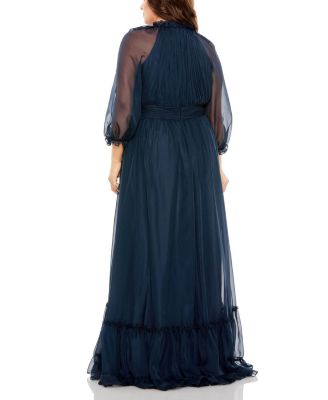  Plus High Neck Puff Sleeve Tiered A Line Gown