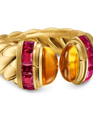 Sculpted Cable Open Cocktail Ring in 18K Yellow Gold with Madeira Citrine and Rubellites, 12.4mm