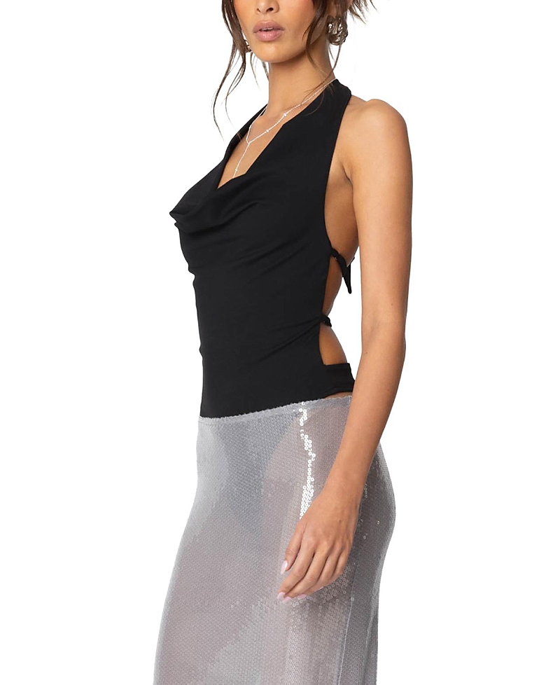 Edikted Cowl Neck Open Back Bodysuit In Black