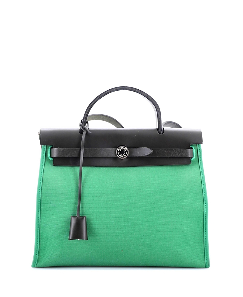 Shop Pre-owned Hermes Hermes 31 Herbag Zip Leather And Toile In Green/ Black