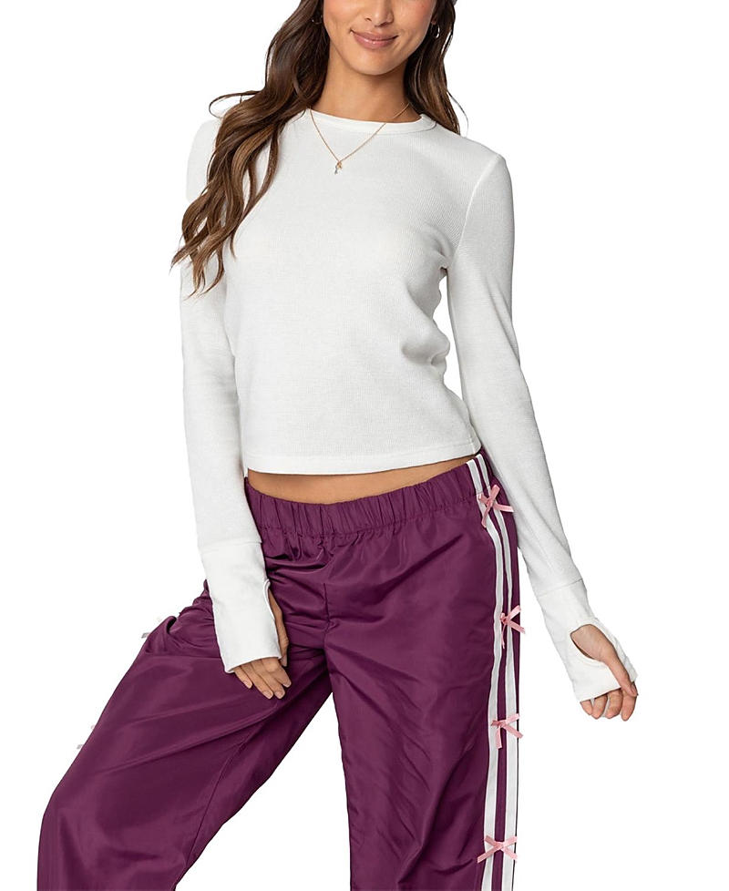 Shop Edikted Waffle Long Sleeve T-shirt In White