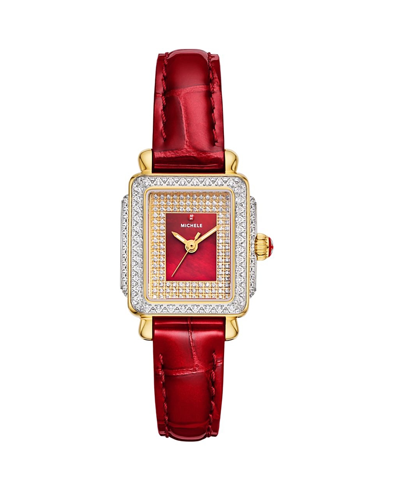 Michele Special Edition Deco Madison Mini Two Tone 18k Gold Plated Diamond Pave Dial Watch, 23mm X 24mm In Red/red