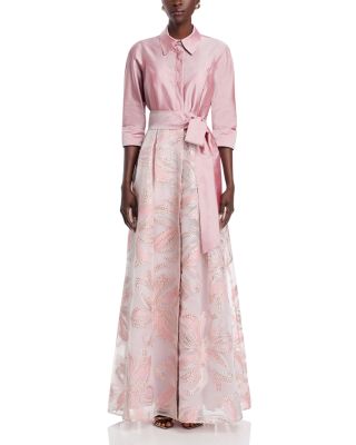 Taffeta Metallic Tie Waist Shirt Dress Gown